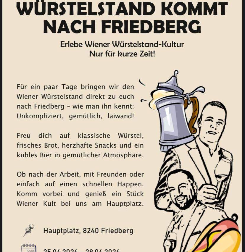 The Wiener Wurstelstand is coming to Friedberg for a short time. Enjoy Viennese sausage stand culture in a cozy, uncomplicated, and lively atmosphere. Come by and enjoy a piece of Viennese culture on the main square.