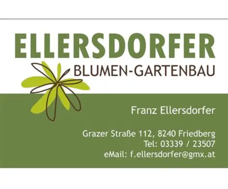 Business card for Ellersdorer Blumen-Gartenbau, featuring a green leaf design, contact details, and address.