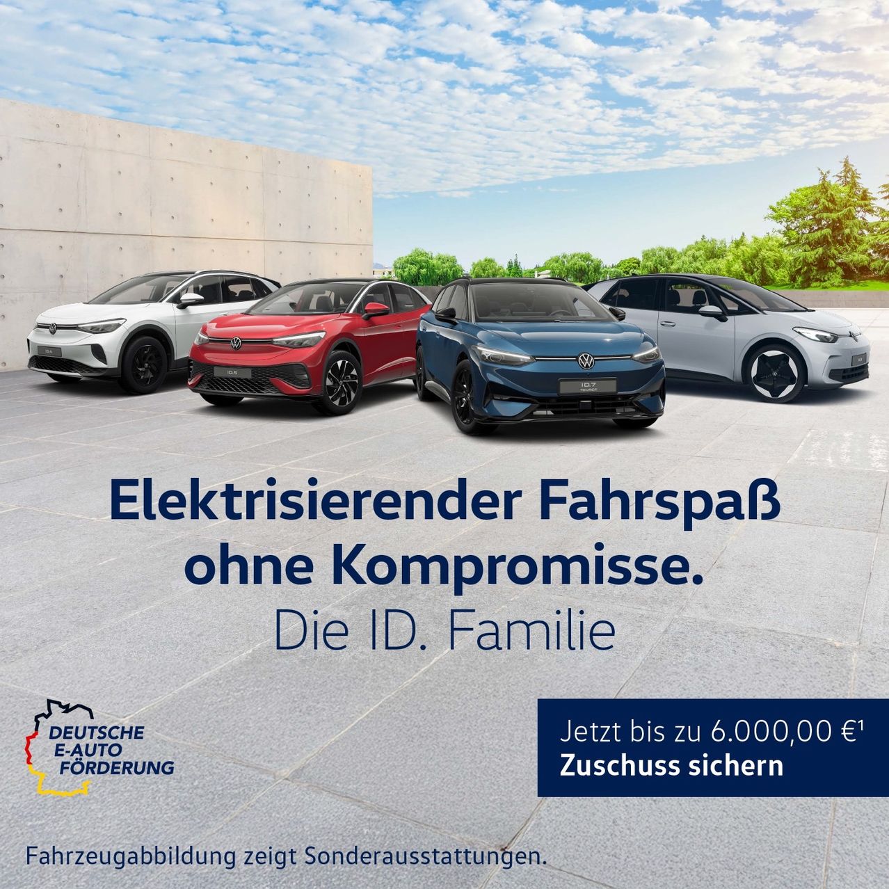 An ad for the ID. family of electric cars by Volkswagen, showcasing a lineup of cars against a backdrop of a modern building and a clear blue sky. The text highlights the promise of electrifying driving without compromise.