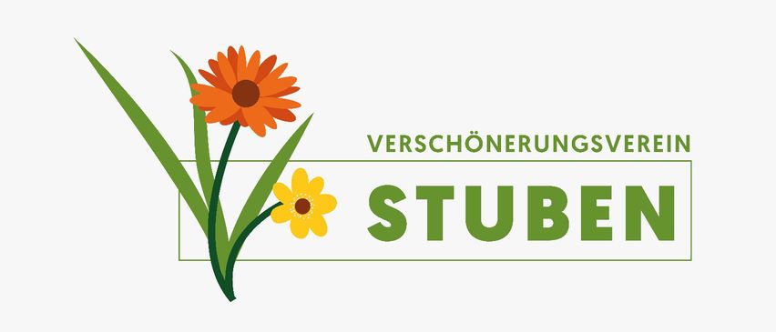 Ein Logo mit zwei Blumen, einer orangefarbenen und einer gelben, mit dem Text 'VERSCHONERUNG STUB' darunter.