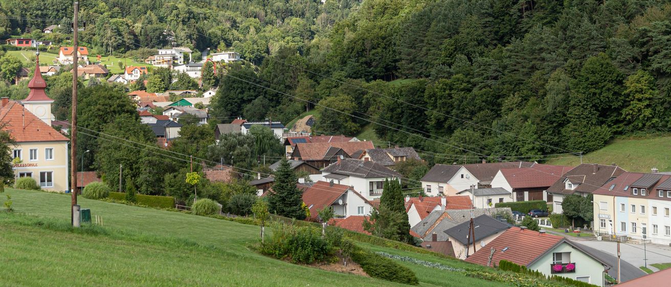 Luftaufnahme eines Dorfes in einem Tal, umgeben von üppigen grünen Hügeln und einem klaren blauen Himmel.