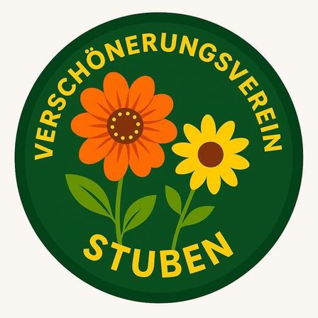 Ein rundes Emblem mit zwei Blumen, einer orange und einer gelb, auf grünem Hintergrund. Der Text lautet 'Verschönerungsverein Stubén' in Gelb.