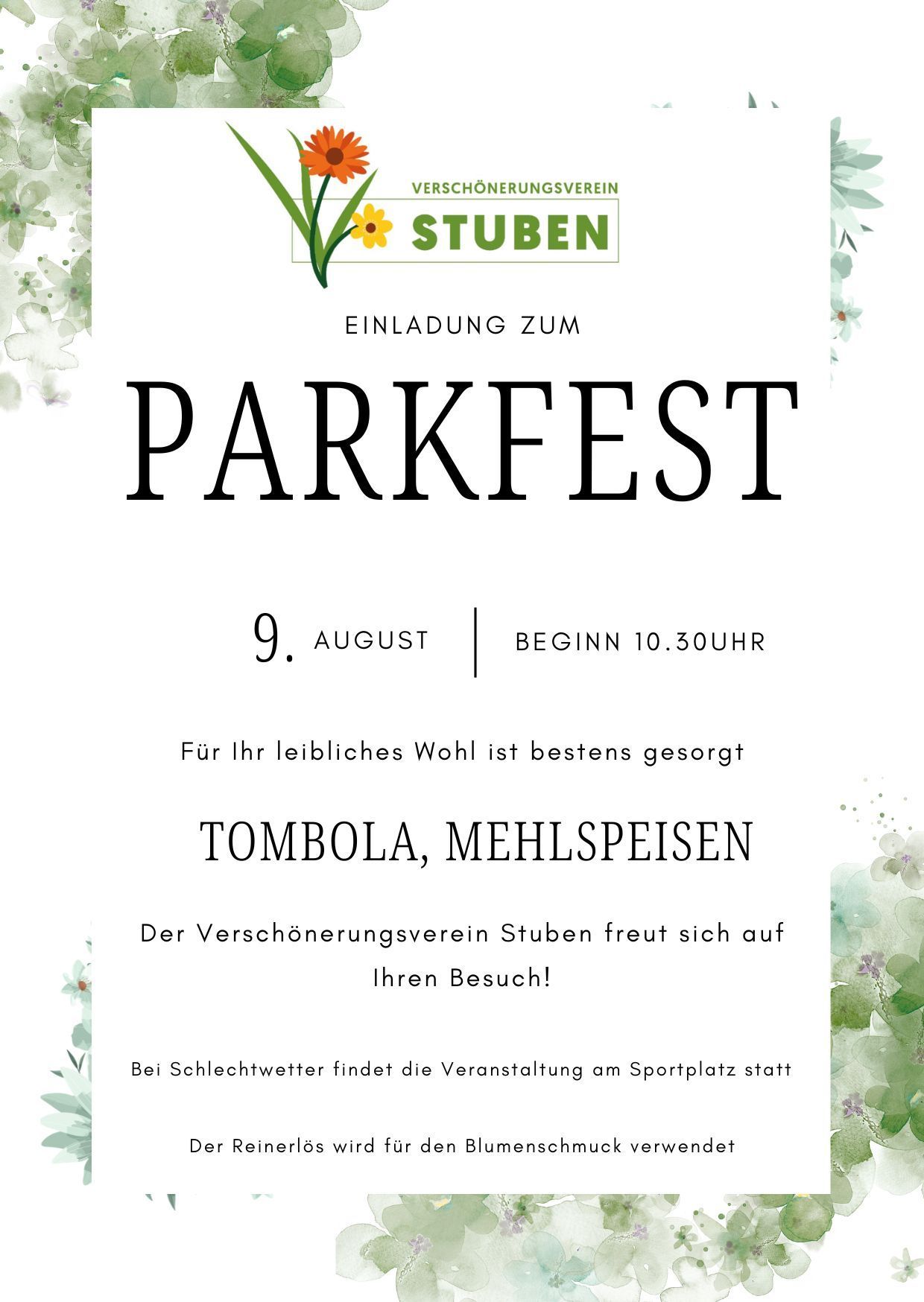 Plakat für das Parkfest-Event am 9. August, Beginn um 10:30 Uhr. Bietet Tombola und Essenspreise. Veranstaltet vom Verschönerungsverein Stubén. Bei schlechtem Wetter findet die Veranstaltung auf dem Sportplatz statt.