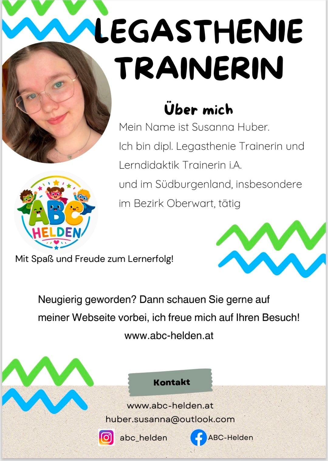A smiling woman with glasses introduces herself as a certified legasthenia and learning didactics trainer in Oberwart, Burgenland. She invites visitors to her website for more information.