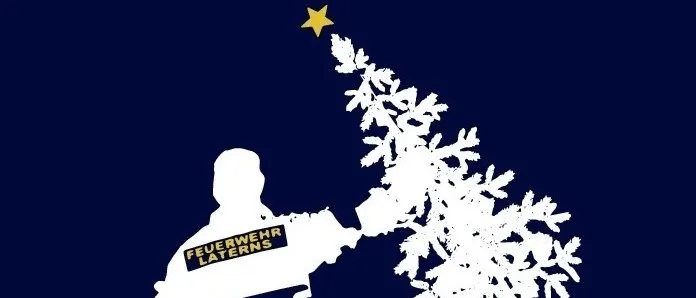 Eine Silhouette eines Feuerwehrmanns, der einen geschmückten Weihnachtsbaum mit einem gelben Stern oben hält. Der Text auf der Uniform lautet 'Feuerwehr Laterns'.