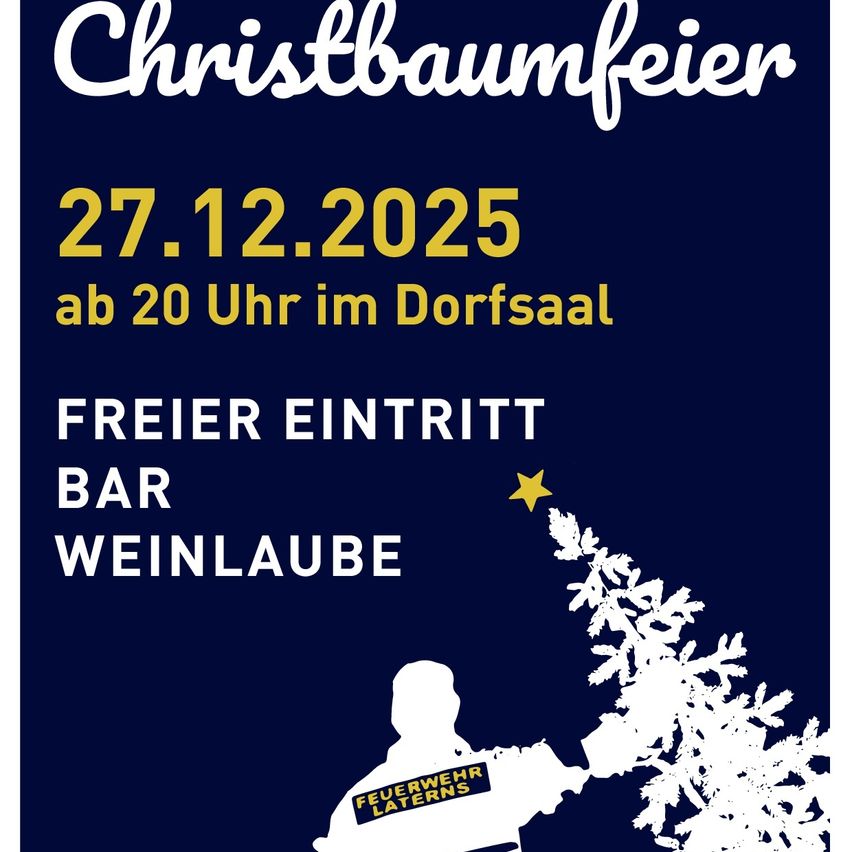 Poster for a Christmas tree lighting event on December 27, 2025, at 8 PM in Dorfsaal. Free entry, bar, and wine tasting. A firefighter figure holding a Christmas tree with a star.