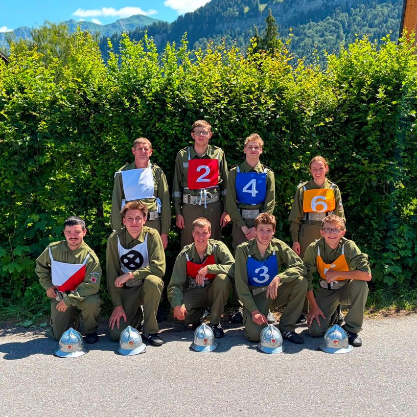 Eine Gruppe junger Männer in Uniform posiert für ein Foto im Freien, mit den Nummern 2, 3, 4 und 6 auf ihren Hemden. Sie lächeln und tragen Helme. Hinter ihnen ist eine Hecke und Berge zu sehen.