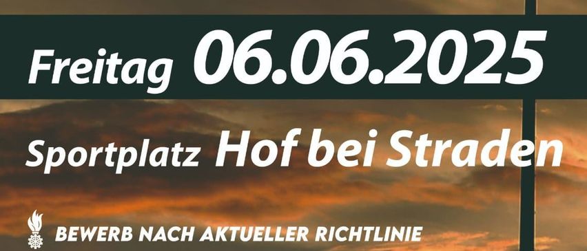 Plakat für den Bereichsleistungswettbewerb und Pokal bei Flutlicht am 06.06.2025. Ort: Hof bei Straden. Anmeldung über Fdisk. Wettbewerb und Siegerehrung nach 24:00 Uhr.
