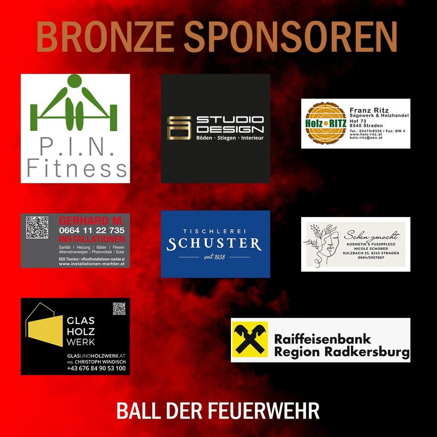 Ein Werbebild mit 'Bronze Sponsoren' zeigt Logos von P.I.N. Fitness, Studio Design, Franz Ritz Sagewerk, Tischlerei Schuster, Schoen gemacht und Raiffeisenbank Region Radkersburg. Kontaktinformationen sind für jeden aufgeführt.