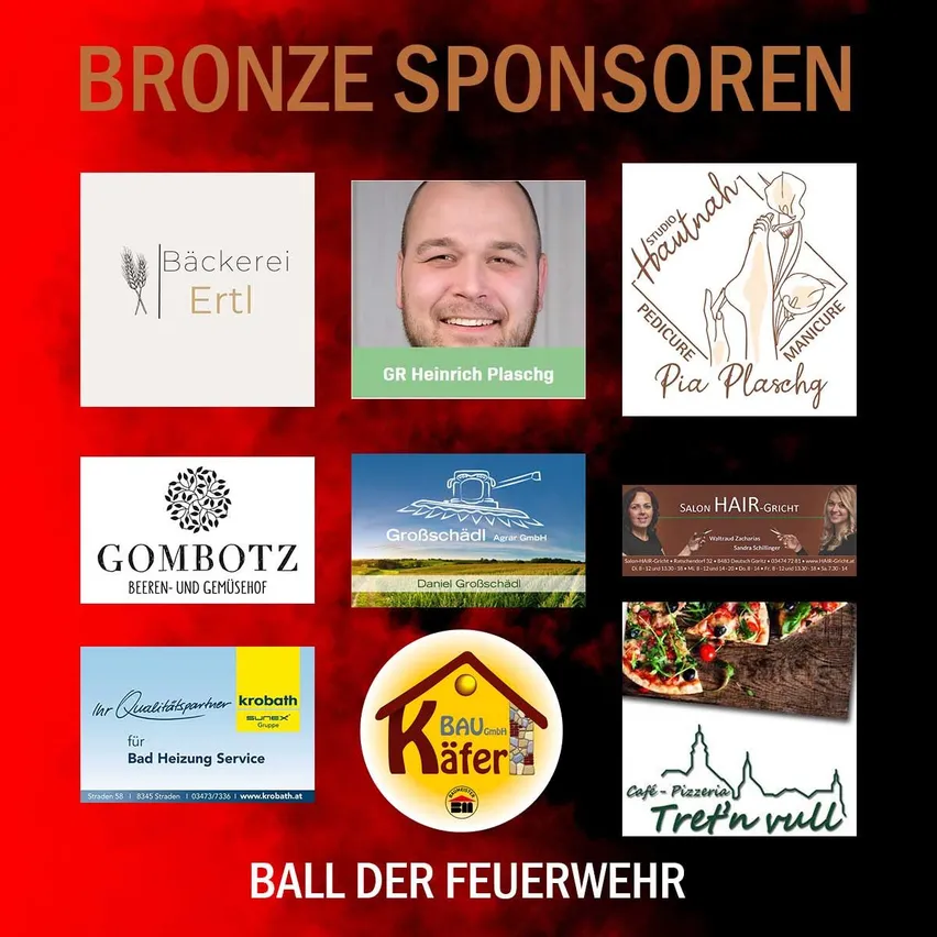 Ein Bild zeigt Logos mehrerer Sponsoren mit der Überschrift Bronze Sponsoren oben, darunter Backerei Ertl, GR Heinrich Plaschg, Pia Plaschg, Gombotz, Großschädl, Krobath, Bau Käfer und Cafe Pizzeria Tretn vrull.