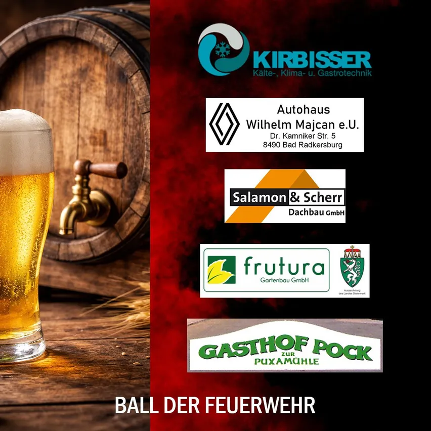Ein Glas Bier auf einer Holzoberfläche mit einem Fass und einem Zapfhahn. Das Bild zeigt Logos von Unternehmen wie KIRBISSER, Salomon & Scherr und Gasthof Pock.
