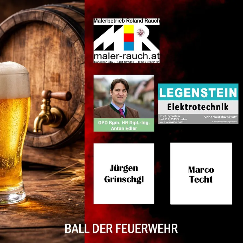 Ein Poster für Ball der Feuerwehr mit einem Glas Bier, einem Zapfhahn und einem Fass mit Namen wie Jürgen Grinschgl, Marco Techt und anderen.