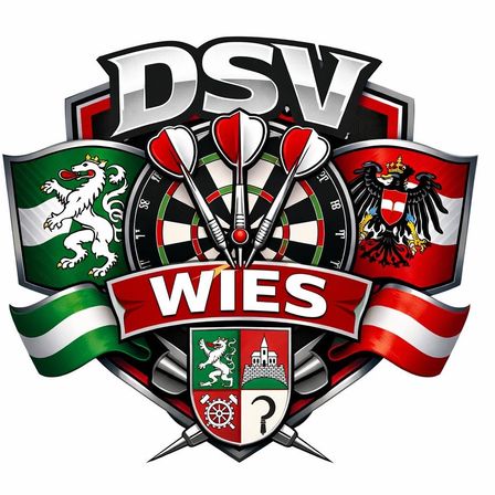 DSV-Logo mit Darts, einem Löwen, einem Doppeladler und einem Wappenschild. Der Text lautet 'Wies'. Der Schild hat ein Fragezeichen.
