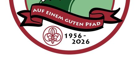 Das Logo für die Pfadfindergruppe Horn, die 70 Jahre von 1956 bis 2026 feiert, mit einer Schleife und deutschen Text sowie einem Symbol in der Mitte.