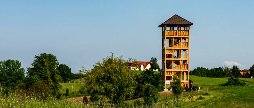 Ein hoher hölzerner Aussichtsturm steht auf einem Feld mit einem Haus im Hintergrund. Der Turm hat mehrere Ebenen und eine Wendeltreppe.