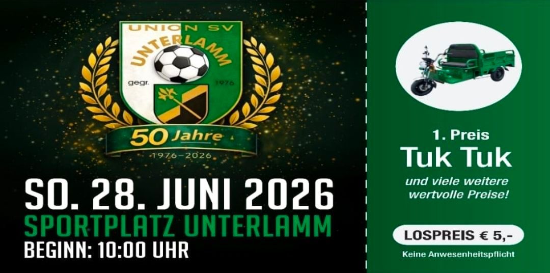 Ein Fußballverein feiert am 28. Juni 2026 um 10:00 Uhr sein 50-jähriges Bestehen im Unterlamm-Stadion.