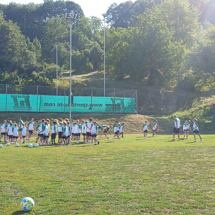 Eine Gruppe junger Fußballspieler in grünen und weißen Trikots trainiert auf einem Rasenfeld mit einem großen grünen Banner im Hintergrund.
