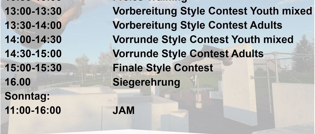 Plakat für OPFV Style Contest & Jam Veranstaltung am 22.-23. August 2026. Beinhaltet Zeitplan mit Ankunft, freies Training, Vorbereitung und Finalrunden für Jugendliche und Erwachsene sowie Jam-Session. Ort ist Parkour Park gegenüber Bahnhof 4973 St. Martin im Innkreis.