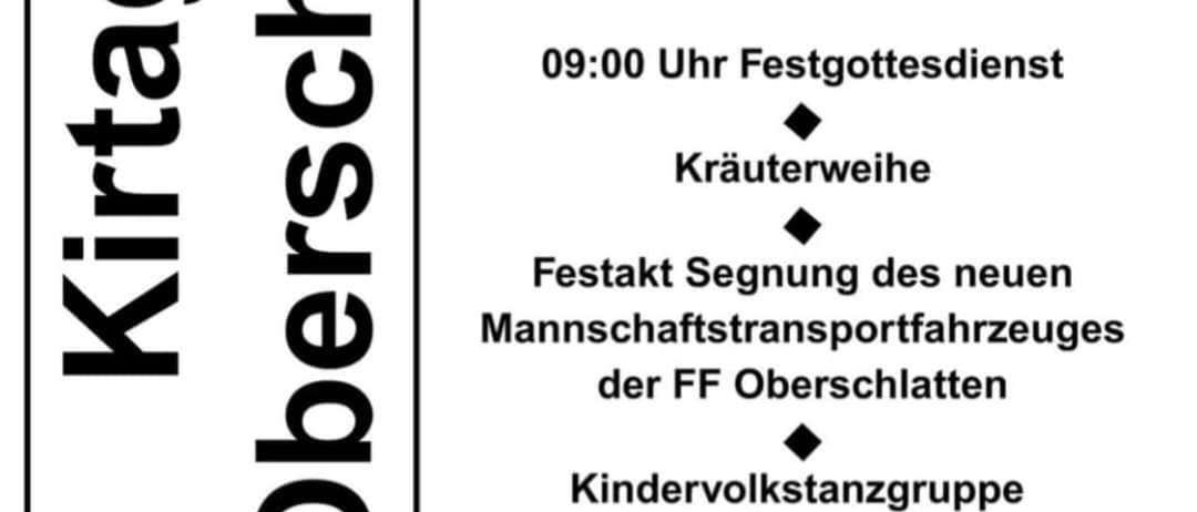 Ein schwarz-weißes Plakat bewirbt ein Festevent mit verschiedenen Aktivitäten, einschließlich eines Gottesdienstes, Kräutersegnung und Segnung eines neuen Mannschaftstransportfahrzeugs. Es werden auch eine Kindertanzgruppe und eine musikalische Aufführung erwähnt.