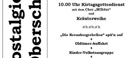 Ein schwarz-weißes Plakat für ein traditionelles Festival-Event in Oberschlatten. Es zeigt eine Zeichnung von tanzenden Kindern und einen Zeitplan für die Aktivitäten des Tages. Der Titel lautet 'Nostalgiekirtag Oberschlatten' und das Datum ist der 15. August.