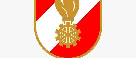 Das FF Bromberg Logo zeigt einen Schild mit rotem und weißem Hintergrund. In der Mitte befindet sich eine goldene Flamme mit einem Zahnrad darunter. Der Text 'FF Bromberg' steht in Rot unter dem Schild.