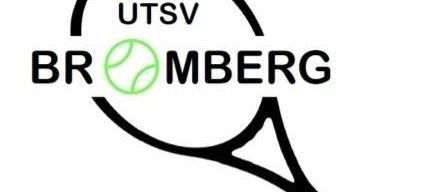A tennis racket with a tennis ball in the center and the text UTSV Bromberg above it.