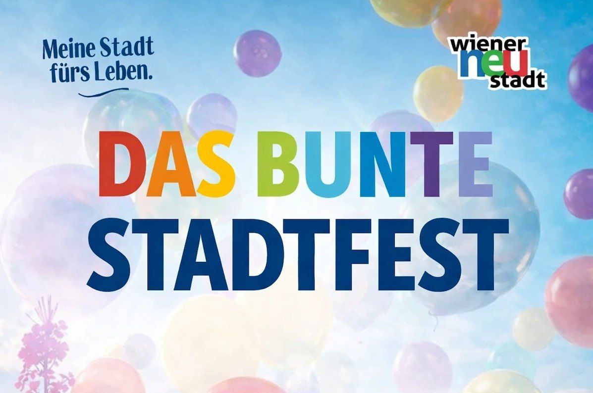 Plakat mit Luftballons im Hintergrund und dem Text 'DAS BUNDE STADTFEST' in bunten Buchstaben. Der Text 'Stadt leben' ist über den Ballons.