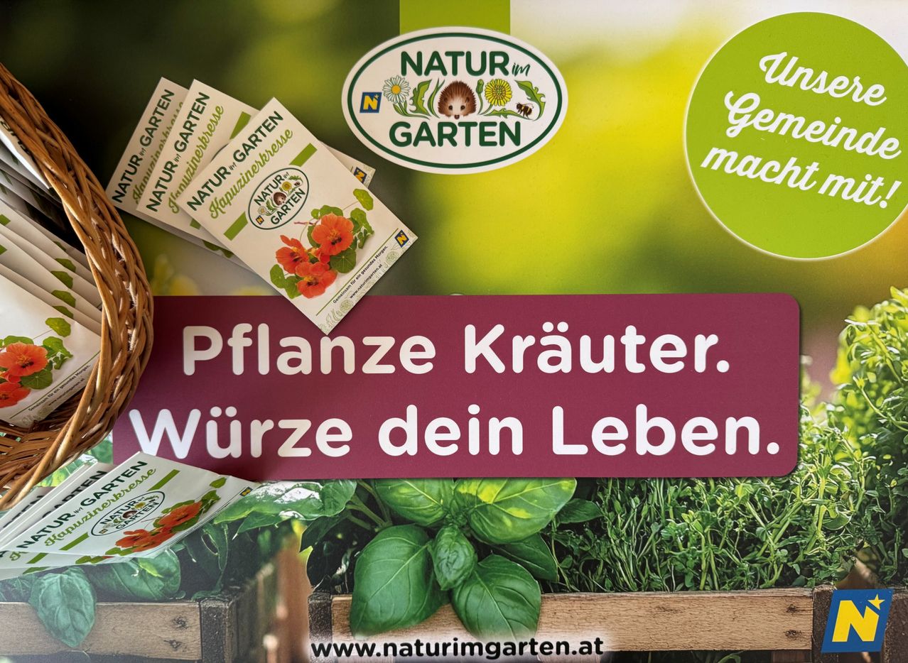 Werbung für Kräuter und Pflanzen mit dem Slogan 'Pflanze Kräuter. Würze dein Leben.' Mit grünem Hintergrund und Logo.