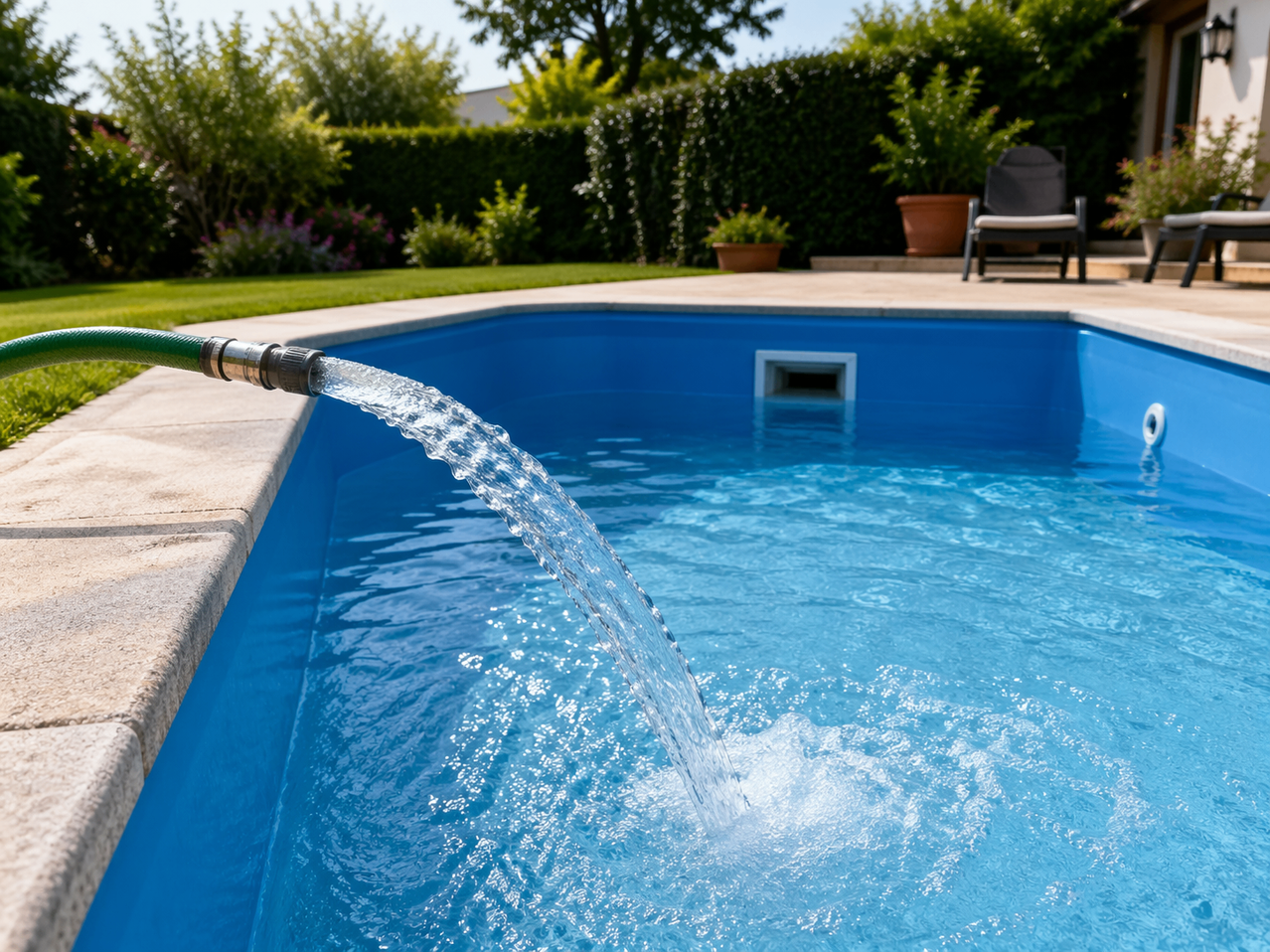 Wasser fließt aus einem Schlauch in einen blauen Pool, umgeben von Grünpflanzen und einer Terrasse.