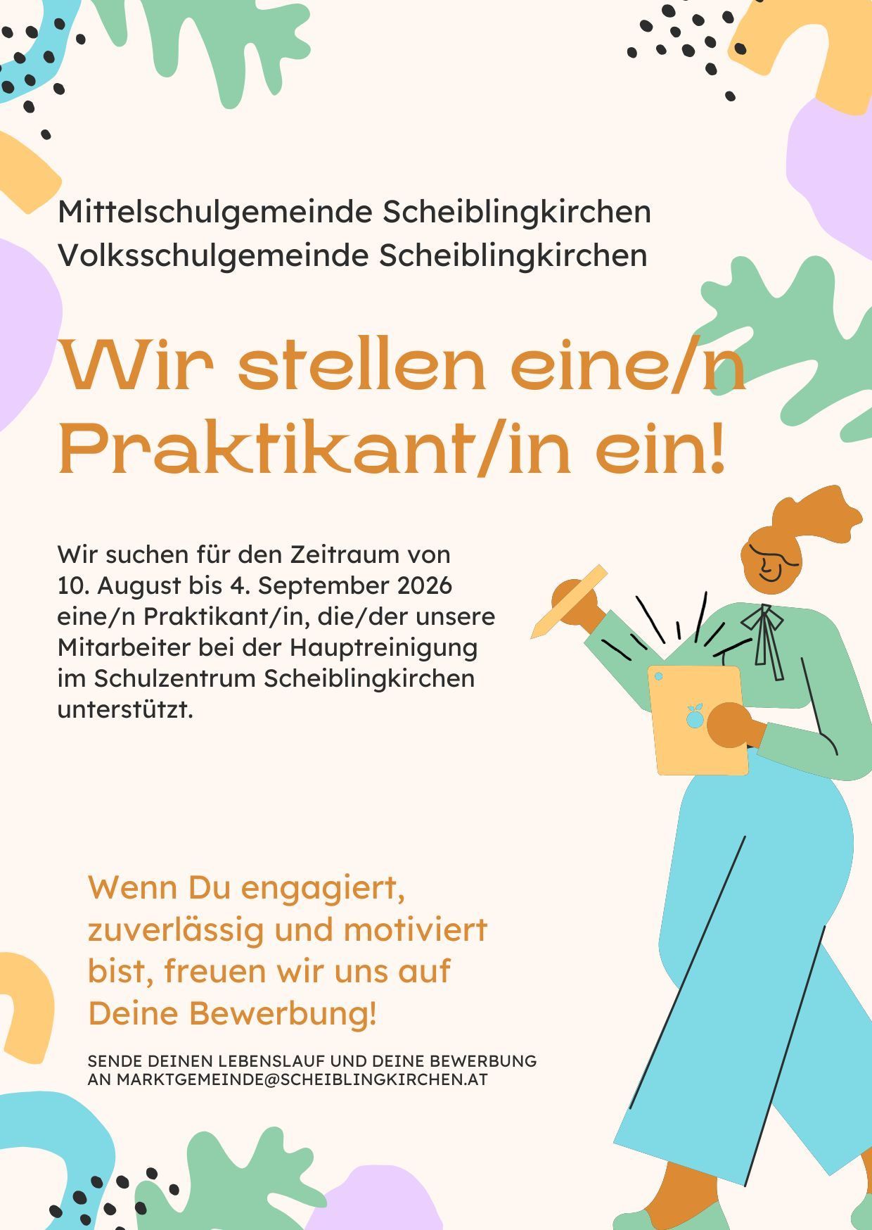Plakat sucht einen Praktikanten für den Zeitraum vom 10. August bis 4. September 2026. Der Praktikant unterstützt die Mitarbeiter während der Hauptschulung im Schulzentrum Scheiblingkirchen.