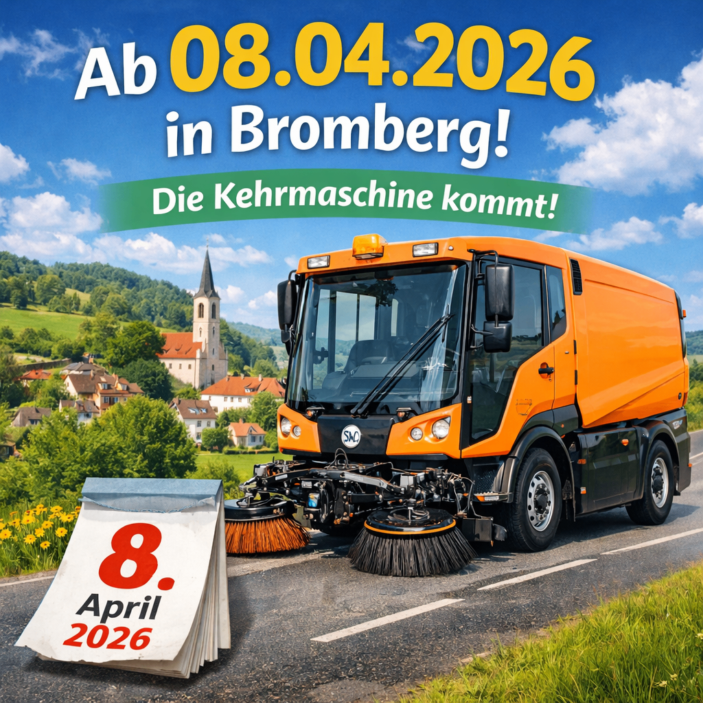 An 8 April 2026, a sweeping truck is cleaning the road. A date calendar with the date 8 April 2026 is on the side of the road. The message above the truck reads, 'Ab 08.04.2026 in Bromberg! Die Kehrmaschine kommt!'