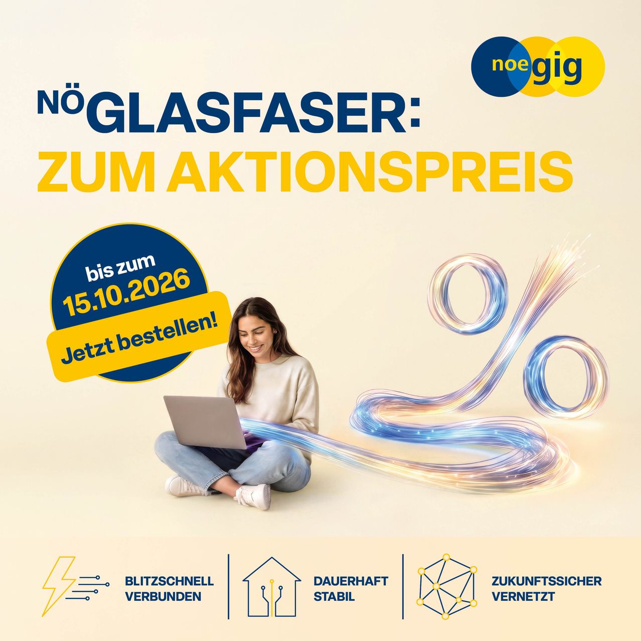 An advertisement for fiber optic internet service by noe gig. A woman is sitting on the floor using a laptop with a fiber optic cable illustration above her. The text reads 'No Glass Fiber: To the action price until 15.10.2026'. There are icons for speed, stability, and future-proof networking.