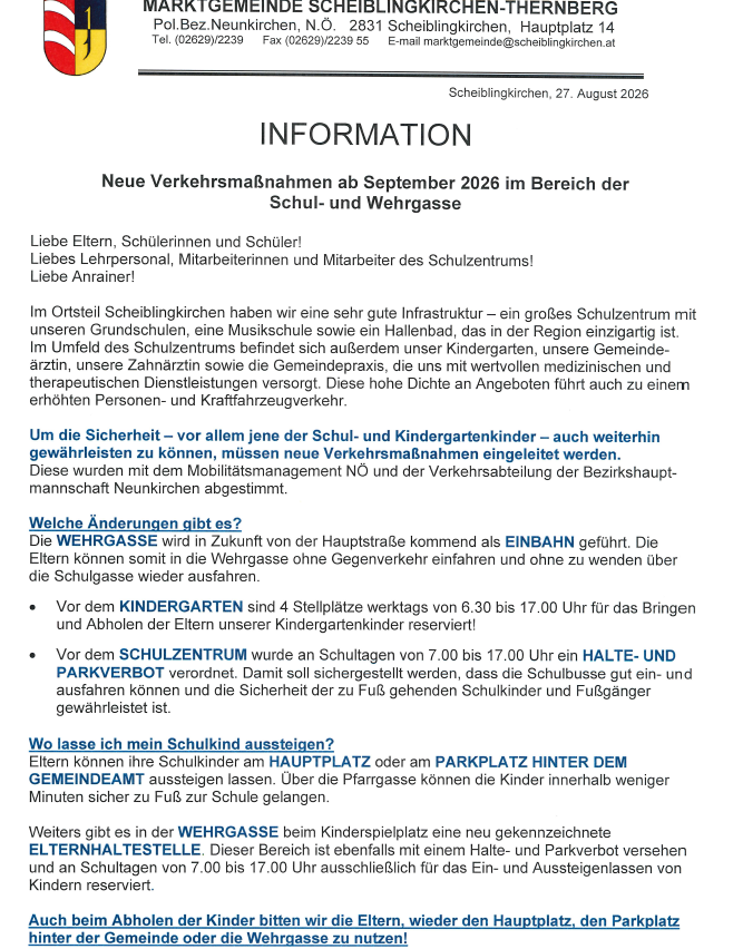 Document from Scheiblingkirchen dated August 27, 2026, informs about new traffic measures around the school and playground area starting September 2026.