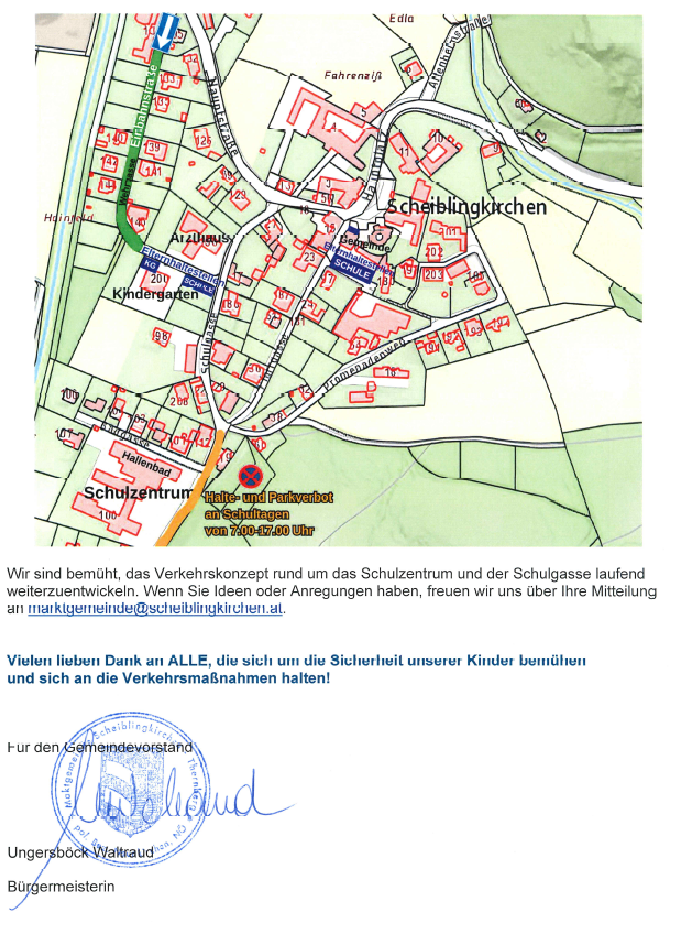 A map showing the location of a school center, including kindergartens, schools, and a parking area. The map also includes a message about traffic development around the school center and a request for suggestions.
