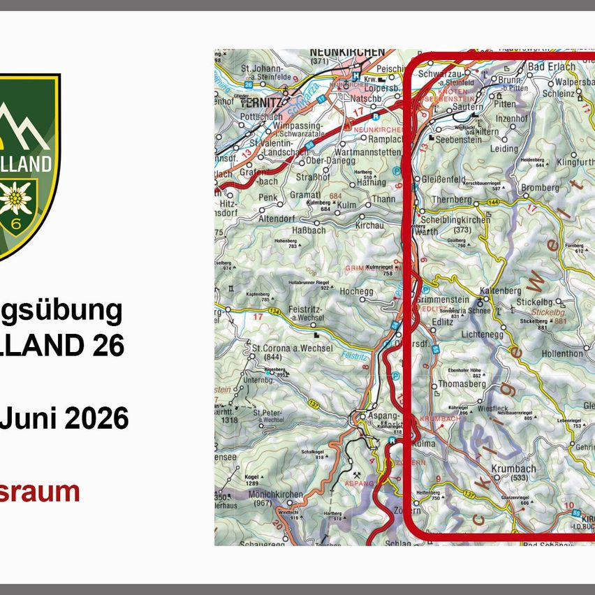 Eine Karte von Neunkirchen, Österreich, datiert auf den 26. Juni 2026, zeigt hervorgehobene Routen mit wichtigen Orten.