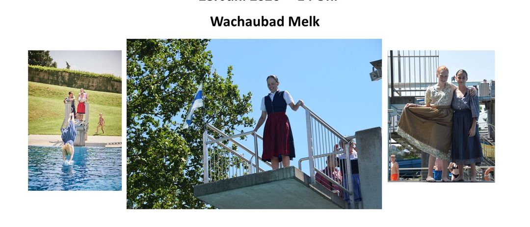 Einladung zum 4. Dirt-Wall-Sprung. Datum: 28. Juni 2026, 14:00 Uhr, Wachaubad Melk. Freier Eintritt für Sprunggäste. Drei Bilder zeigen Sprungszenen.
