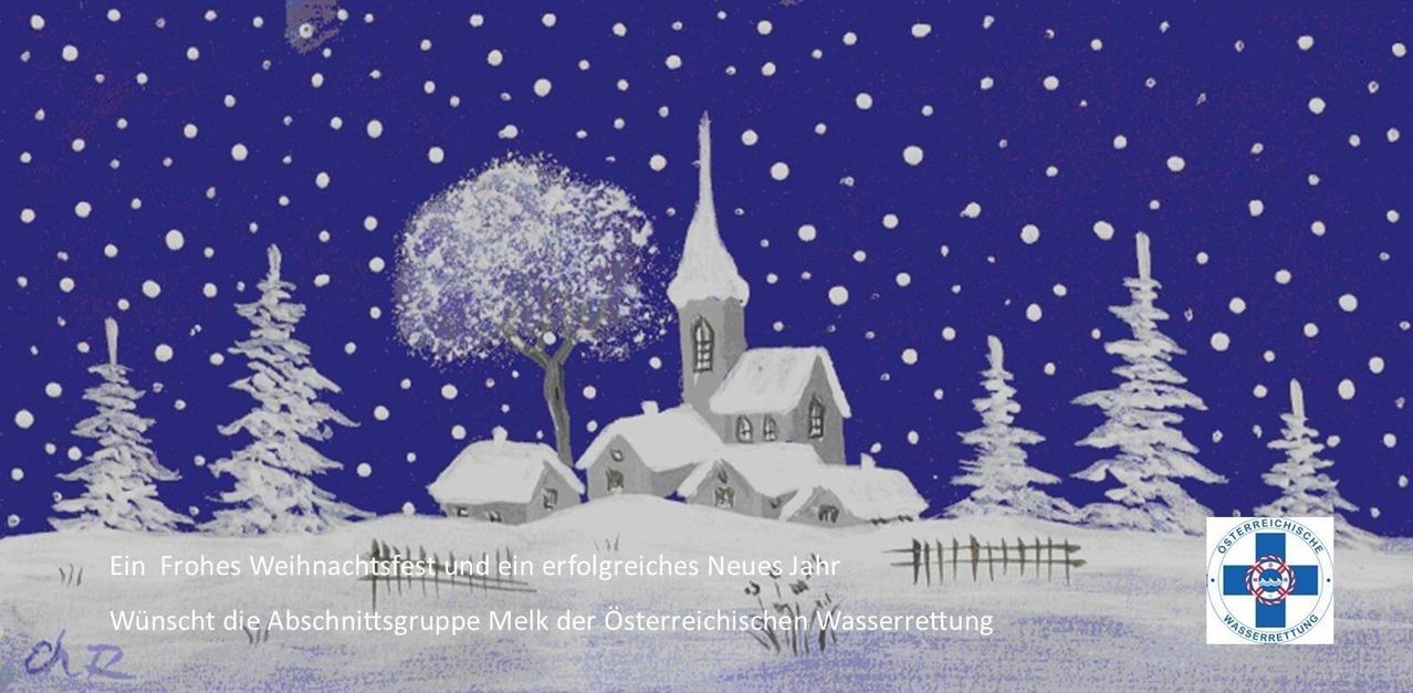 Eine verschneite Landschaft mit einer Kirche und Häusern, umgeben von Bäumen und einem Zaun. Der Himmel ist blau mit fallenden Schneeflocken. Ein Text am unteren Rand lautet Melk der Österreichischen Wasserrettung.