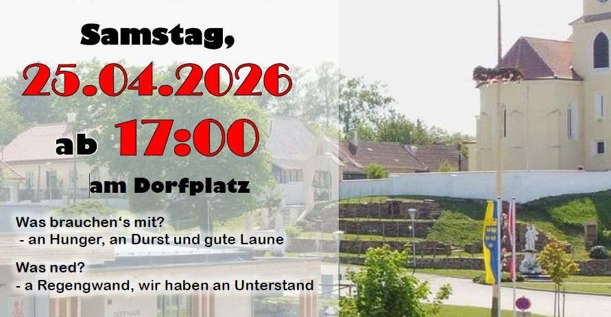 Plakat für Maibaum-Veranstaltung am 25. April 2026 um 17 Uhr. Gastgeber ist FF Glaubendorf. Mit Kirche, Kirchturm und Cartoon-Ameisen.