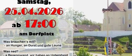 Poster for Maibaum event on April 25, 2026 at 5 PM. Hosted by FF Glaubendorf. Featuring a church, a steeple, and cartoon ants.