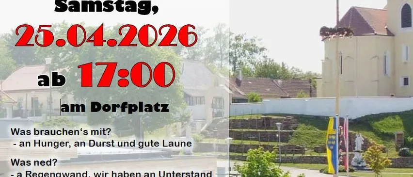 Plakat für Maibaum-Veranstaltung am 25. April 2026 um 17 Uhr. Gastgeber ist FF Glaubendorf. Mit Kirche, Kirchturm und Cartoon-Ameisen.