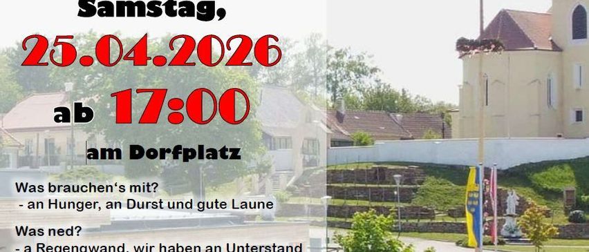 Plakat für Maibaum-Veranstaltung am 25. April 2026 um 17 Uhr. Gastgeber ist FF Glaubendorf. Mit Kirche, Kirchturm und Cartoon-Ameisen.