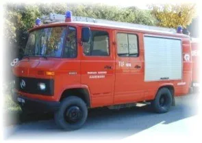 Ein roter Feuerwehrwagen mit blauen Lichtern auf dem Dach steht am Straßenrand, mit einigen Bäumen im Hintergrund.