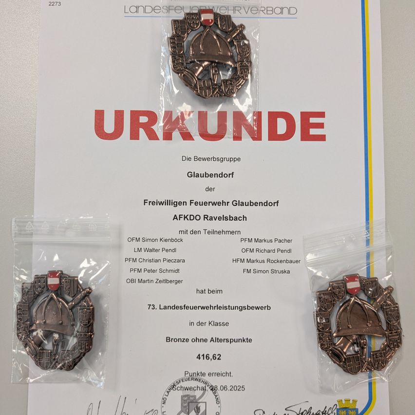 Ein Auszeichnungsdokument der Freiwilligen Feuerwehr Glaubendorf Gruppe, ausgestellt von AFKO Ravelsbach, beinhaltet drei bronzene Medaillen und erwähnt eine Punktzahl von 416,62 Punkten.