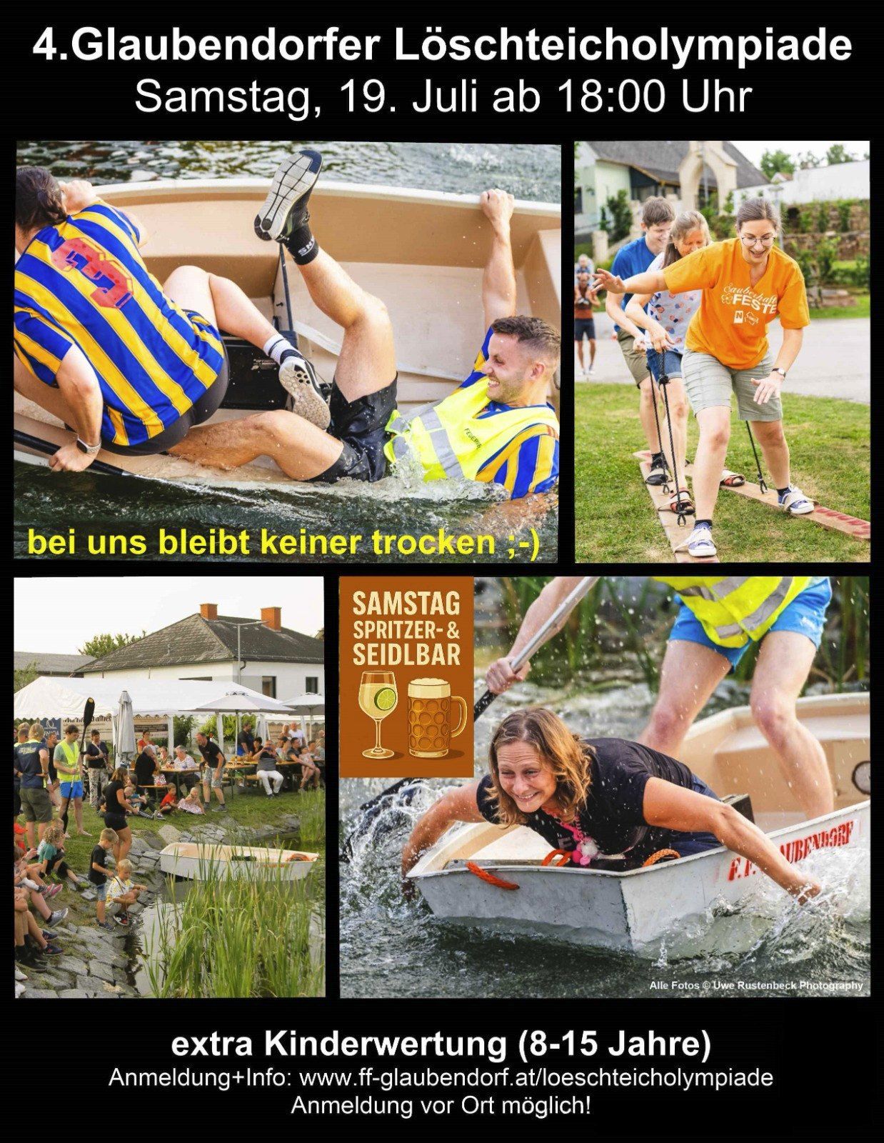 Eine Collage von Bildern zeigt Menschen in wassergefüllten Booten und auf einer Wasserrutsche. Das obere linke Bild zeigt eine Person in einem blau-gelben Shirt. Das obere rechte zeigt eine Person in einem gelben Shirt, die sich an einer Wasserrutsche festhält. Das untere linke zeigt Menschen in einem Picknickbereich. Das untere rechte zeigt eine Frau in einem Boot.