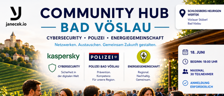 Eine Werbung für den Community Hub in Bad Vöslau, mit Themen zu Cybersicherheit, Polizei und Energiegemeinschaft. Ein QR-Code und eine Website laden zum Beitritt ein.