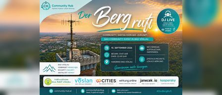 Ein Werbeplakat für eine Gemeinschaftsveranstaltung in Bad Vöslau mit einem Sonnenuntergang im Hintergrund, einem Turm und einer Burg. Die Veranstaltung dreht sich um Gemeinschaft, Digitalisierung und Zukunft. Sie findet am 10. September 2026 von 17:00 bis 22:00 Uhr in Harberg Bad Vöslau statt.