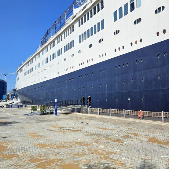 Ein großes Kreuzfahrtschiff mit blauem und weißem Rumpf liegt in einem Hafen, eine Rampe führt zum Eingang.