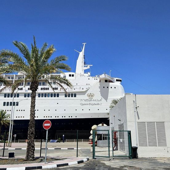 Das Kreuzfahrtschiff Queen Elizabeth 2 ist am Hafen ankern, mit einer Palme davor und einem klaren blauen Himmel.