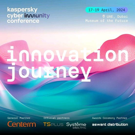 Kaspersky Cyber Immunity Konferenzposter mit abstraktem, farbenfrohem Hintergrund. Die Veranstaltung ist für den 17.-19. April 2024 in Dubai, VAE geplant. Es präsentiert namhafte Sponsoren wie Centerm, TSPLUS, Systeme Electric und Aswant Distribution.