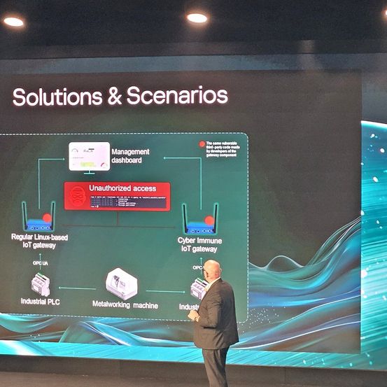 Ein Mann im Anzug steht vor einer großen Leinwand, die ein Diagramm mit dem Titel 'Lösungen & Szenarien' zeigt. Das Diagramm enthält Abschnitte wie 'Reguläres Linux-basiertes IoT-Gateway' und 'Cyber-Immunes IoT-Gateway'.